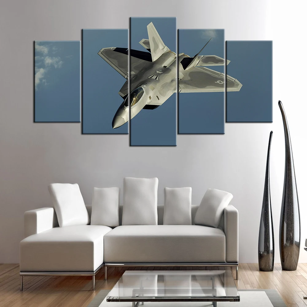 5 Piece Canvas Paintings HD Military Pictures F-22 Raptor Poster Wall Art for Home Decor