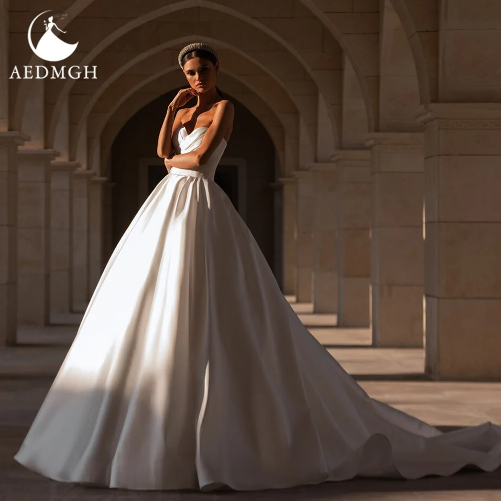 Aedmgh A-Line Matte Satin Wedding Dresses Strapless Sleeveless Robe De Mariee Beaded Simple Custom Made Vestido De Novia