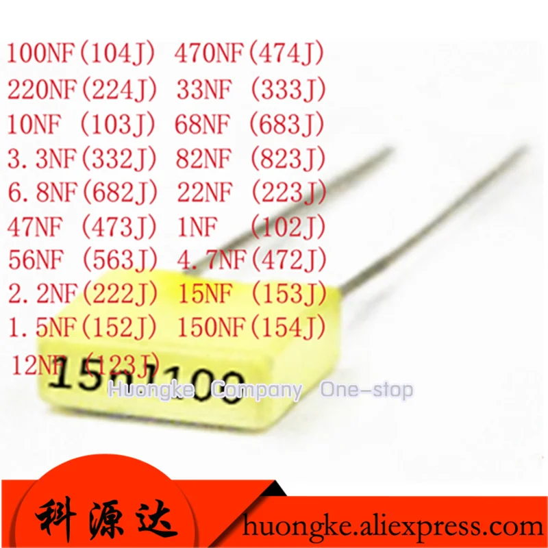 100pcs Polypropylene Safety Plastic Film 100V 1nF ~ 470nF 100nf 220nf 10nf 47nf 22nf 1nf 0.47uf 0.1uf Correction capacitor P5MM