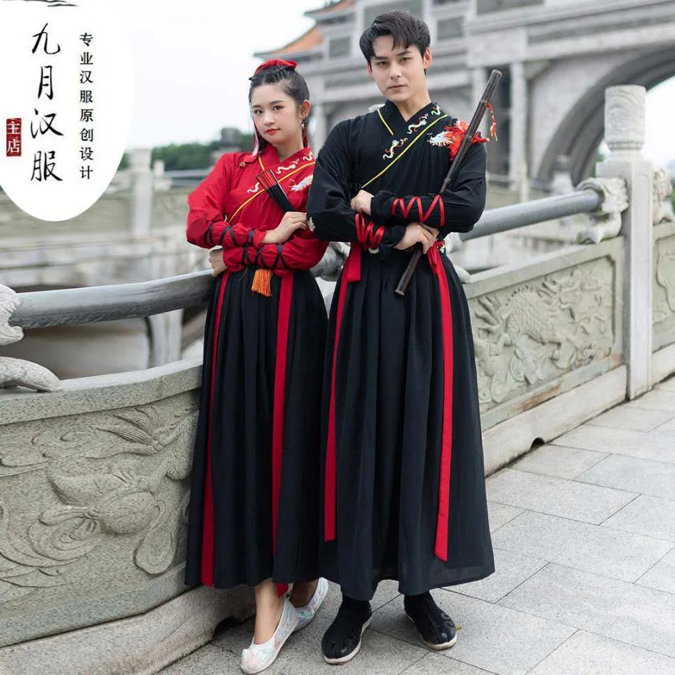 Adult Men Women Ancient Chinese Men Stage Costume Hanfu Festival Stage Performance Folk Dance Traditional Chinese Couples Dress