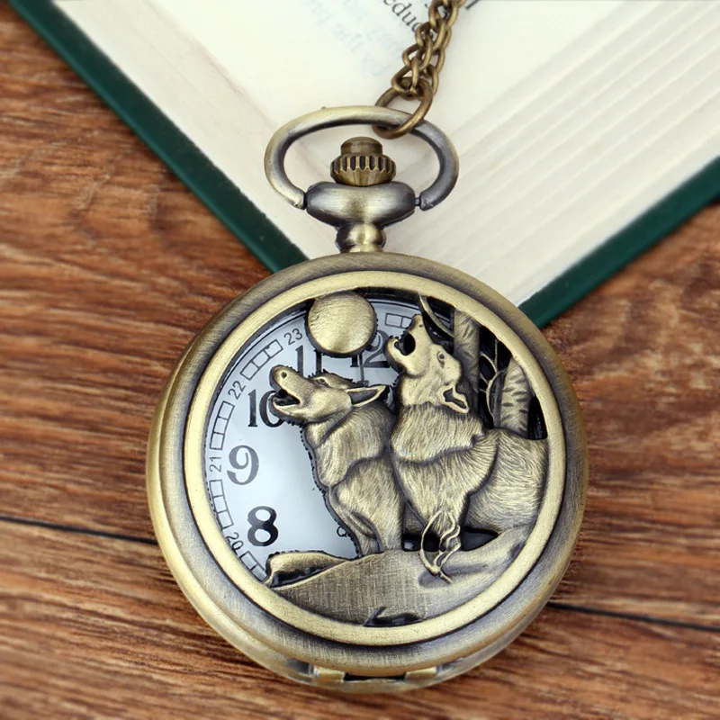 Bronze hollow double wolf pattern beautifully carved pocket watch Vintage thin chain quartz pocket watch