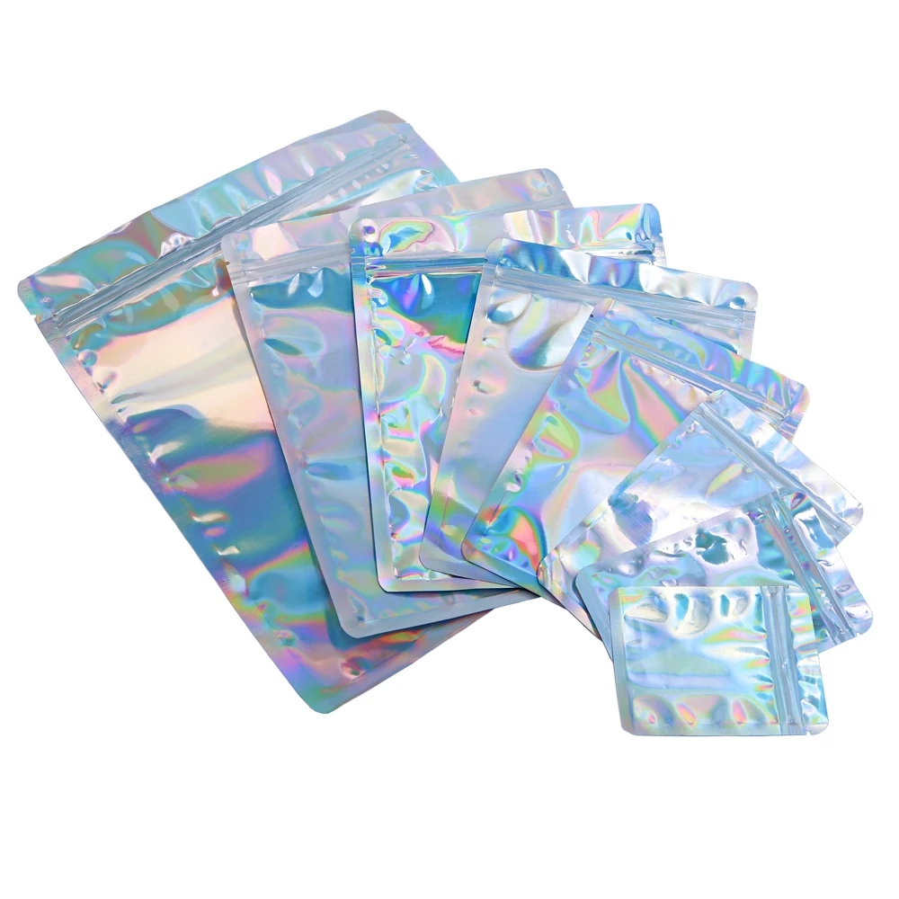 Reclosable Aluminum Foil Hologram Mylar Flat Pouches Waterproof Zipper Top Small Plastic Zip Lock Holographic Makeup Bags