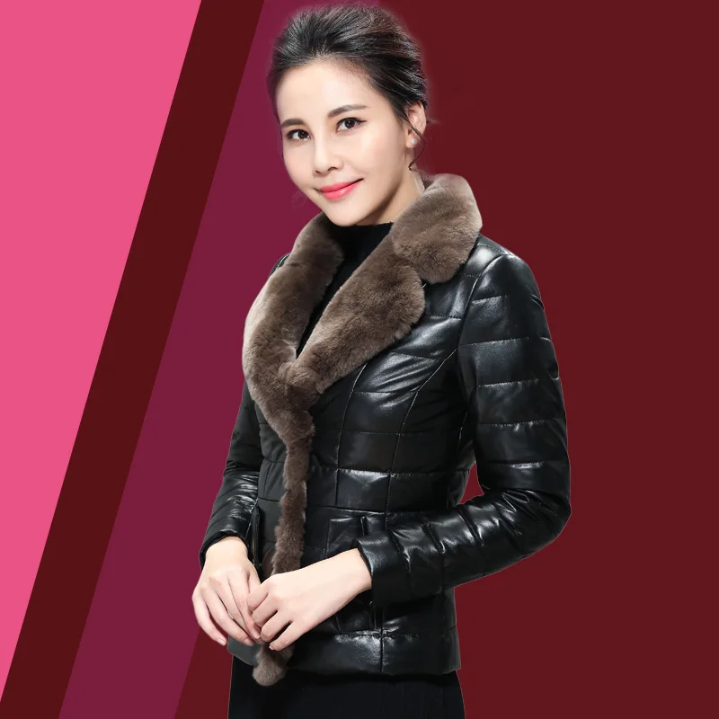 

Genuine Leather Jacket Women Sheepskin Coat Rabbit Fur Collar Winter Outwear Clothes Short Slim Down Coats Female LWL1204