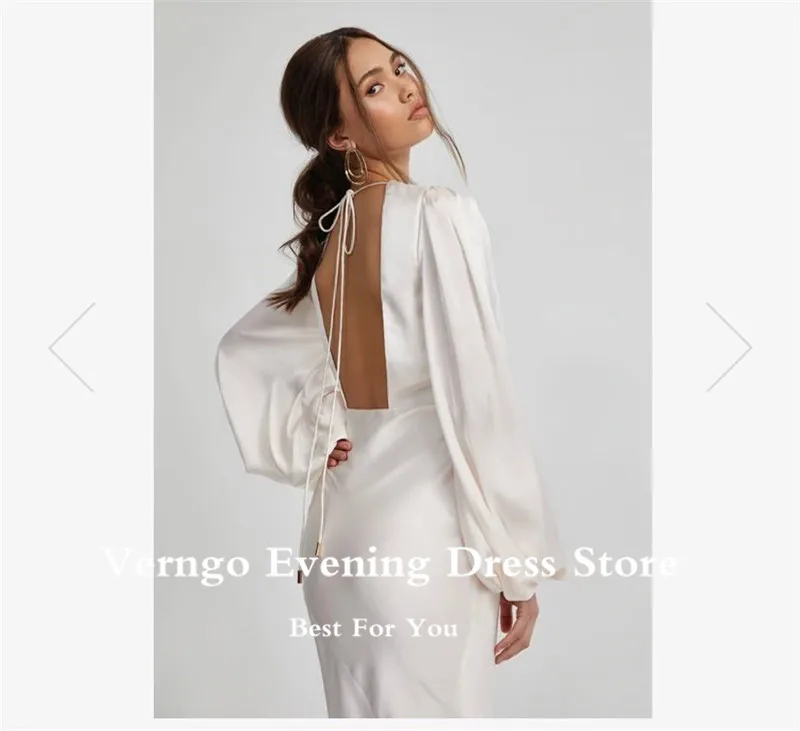 Verngo – robe de soirée blanche en soie, Simple, manches longues bouffantes, col en V, fente latérale, robe d'occasion pour femmes, vêtement sur mesure