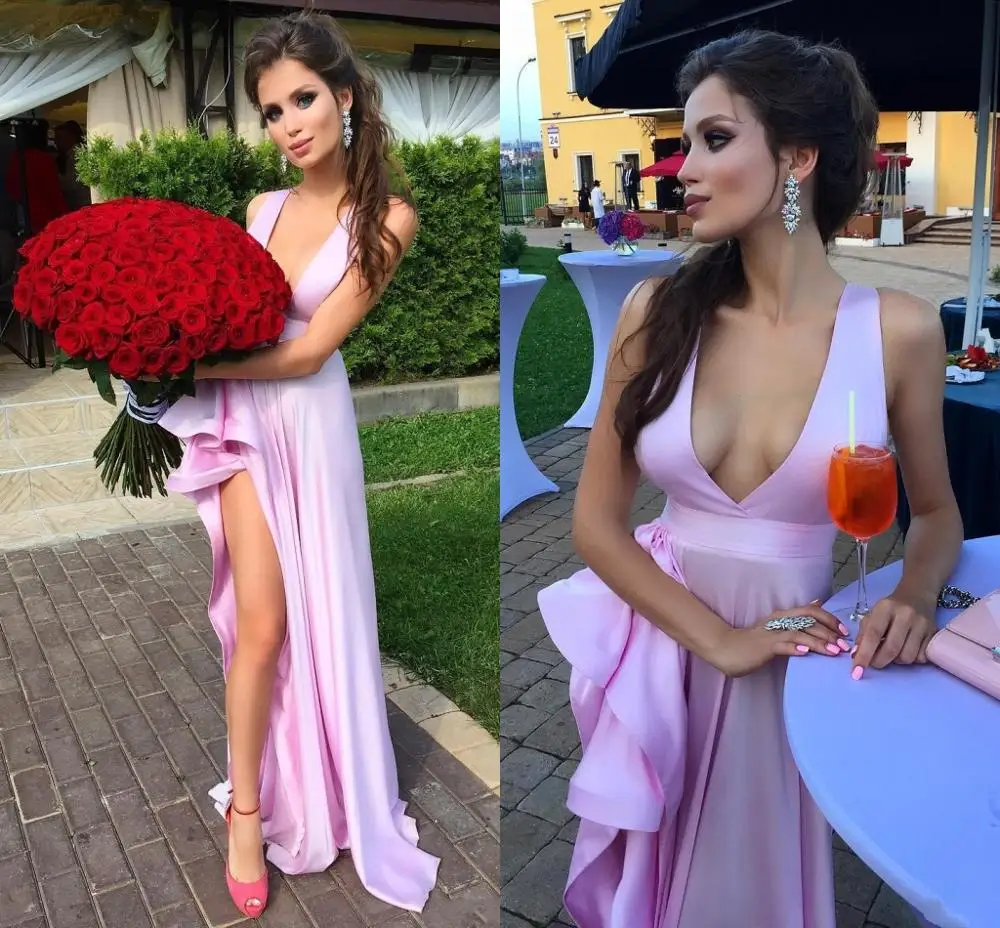 Vestido longo de cetim com babados, decote em v, divisão alta, baile, vestidos formais, moda sexy, rosa, 2024