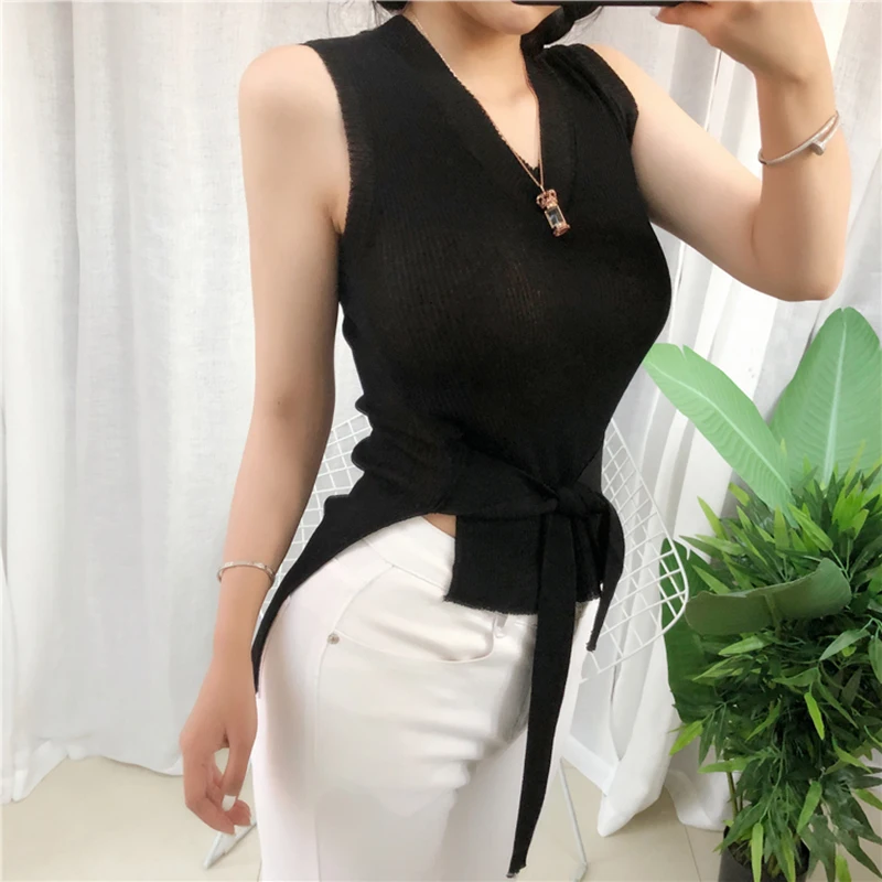 Sexy High Quality Summer Autumn Women V Neck Top Sleeveless T-shirt Slim Sashes Fashion Knitted Tank Top Female Tee Knitwear