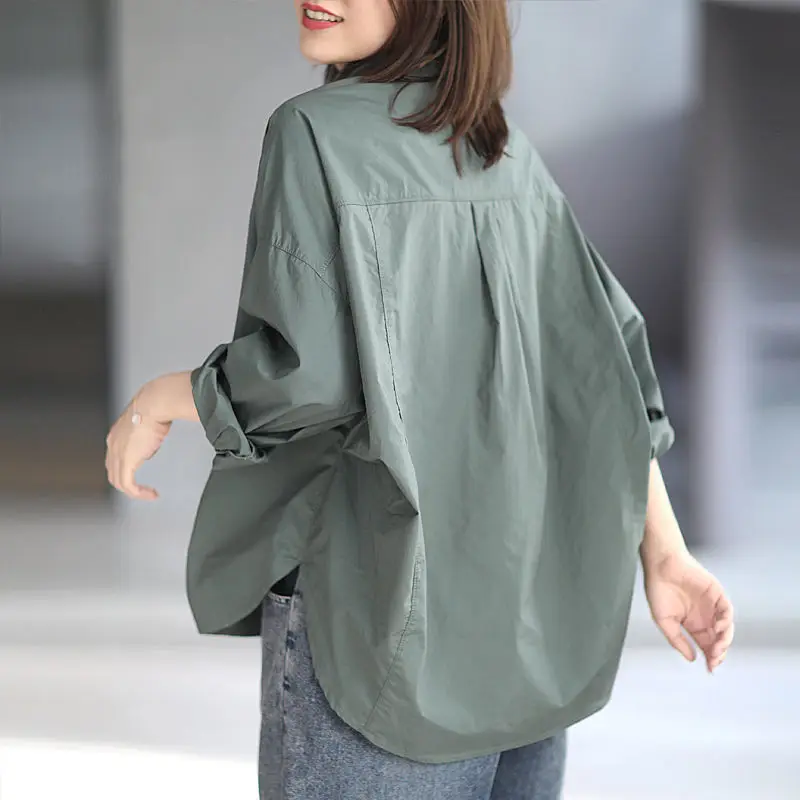 2021 New Spring/autumn Women Loose Turn-down Collar Long Sleeve Blouse Good Quality Pockets Cotton Linen Casual Shirts W590