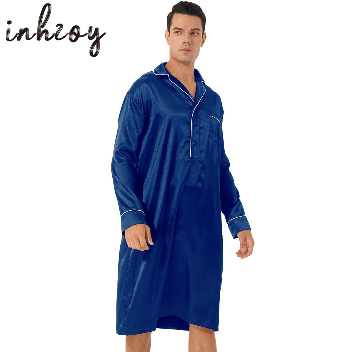 Mens Satin Nightshirt Long Lightweight Kaftan Comfy Big&Tall V Neck Longsleeve Loose Pajama Sleep Shirt Nightwear