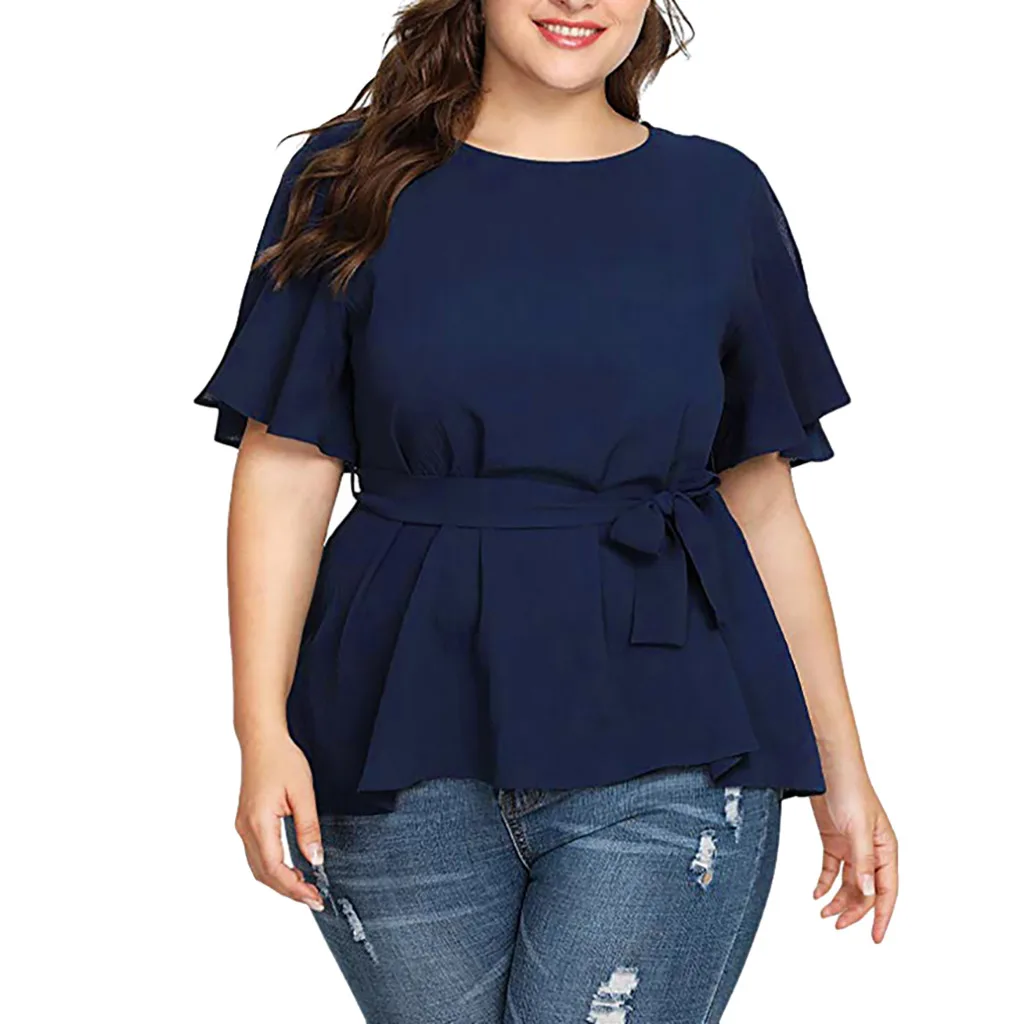 Plus Size Women Shirts Blouses Solid Color Bow Belted Knot Short Sleeve Shirt Belted Knot Women's Blouse одежда женская модная