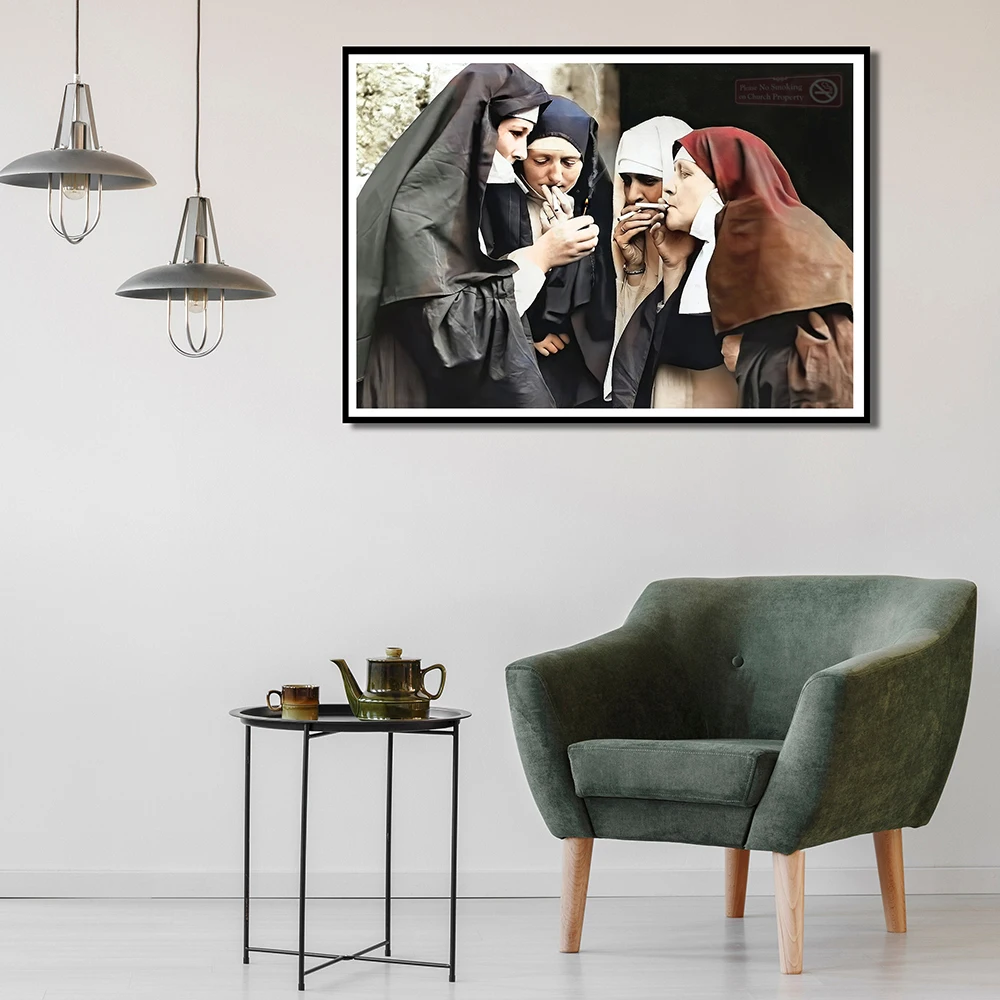 Smoking Nuns Prints Vintage Photo Colorized Poster Women Cigarette Funny Wall Art Canvas Painting Picture Weird Room Home Decor