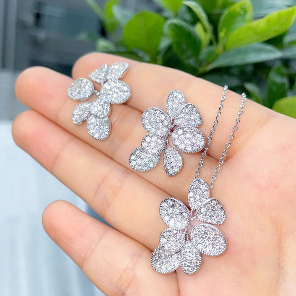 Pera Fashion-Conjunto de collar y pendientes con diseño de hojas y flores de circonia cúbica brillante para mujer, regalo de joyería de cumpleaños, J441