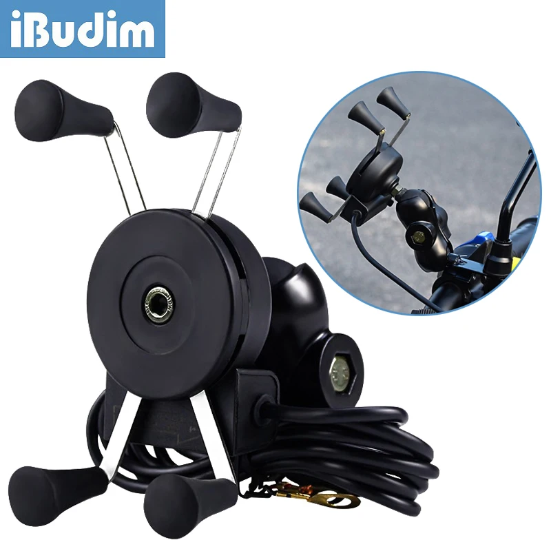 iBudim Motorcycle USB Charging Cell Phone Holder Mount Universal Motorbike Electric Scooter Mirror Smart Phone Stand GPS Bracket