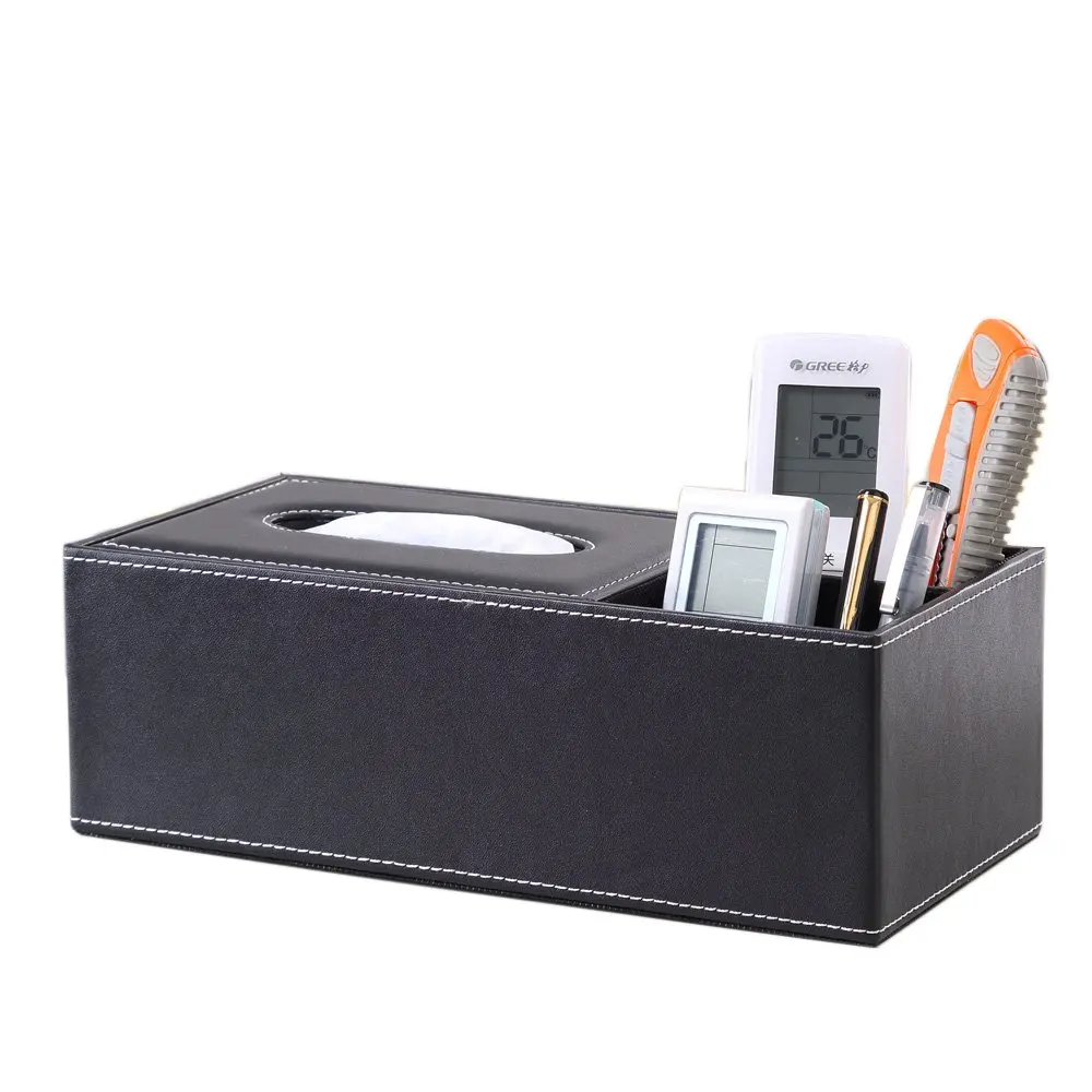 Leatherette Tissue Box Cover Desktop Decor Organizer Multi-function Tissue Box Pen Pencil Holder Remote Control Dispenser