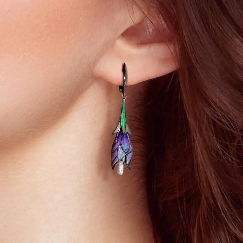 SANTUZZA Silver Earrings For Women Genuine 925 Sterling Silver Exquisite Drop Purple Flower Elegant Jewelry Handmade Enamel
