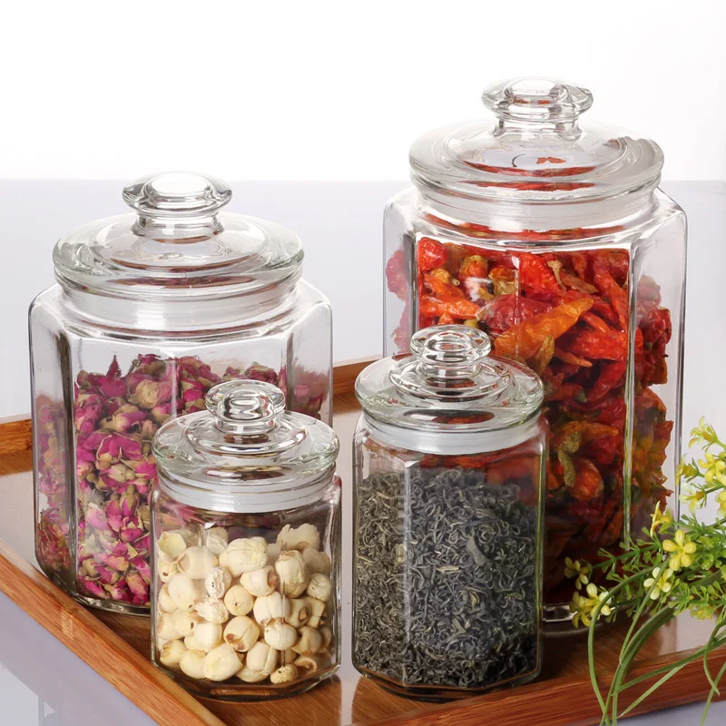 Tea Tin Transparent Glass Jar Sealed Candy Box Octagonal Dried Fruit Chili Bottle Kitchen Food Storage Container Display Jars