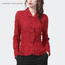 Fashion Peter pan Collar Womens Red Lace Floral Shirt Long Sleeve Elegant Bodycon Hook Flower Hollow 2022 Spring Blouses Tops