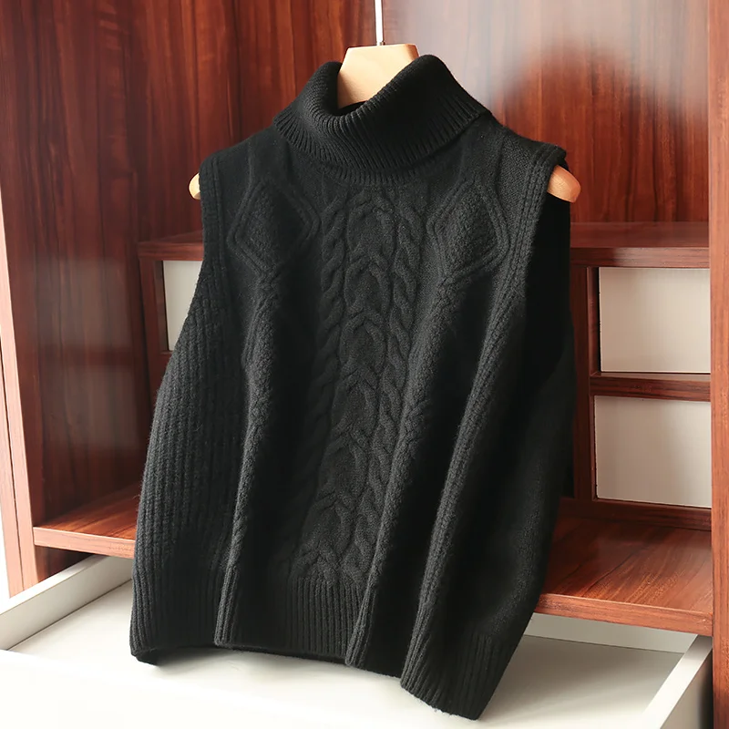 Stereo Cable Turtleneck 100% Fine Wool Big Turn-Down Collar Knitted Women Vest Short Vintage Sleeveless Sweater Twisted Thick