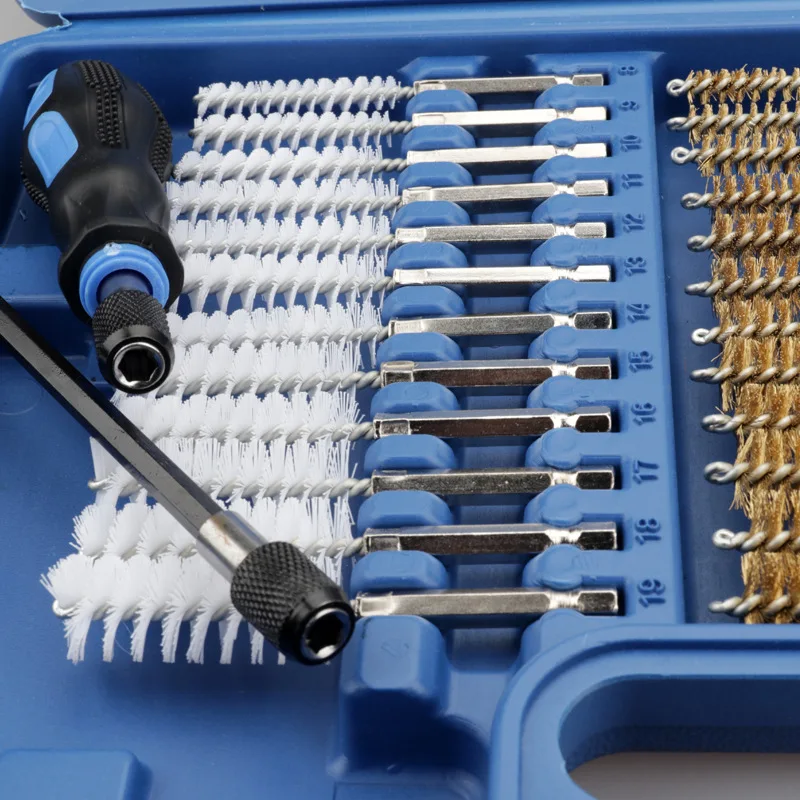 38 pz/set Set di spazzole con gambo esagonale a filo industriale 1/4 "Nylon esagonale, ottone, spazzola metallica in acciaio inossidabile Kit di spazzole per la pulizia da 8-19mm