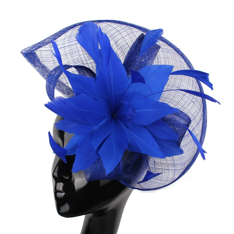 

Royal Blue Fascinator Hats For Ladies Wedding Fashion Headwear With Fancy Feather Flower Headbands Cocktail Race Hais Accessory