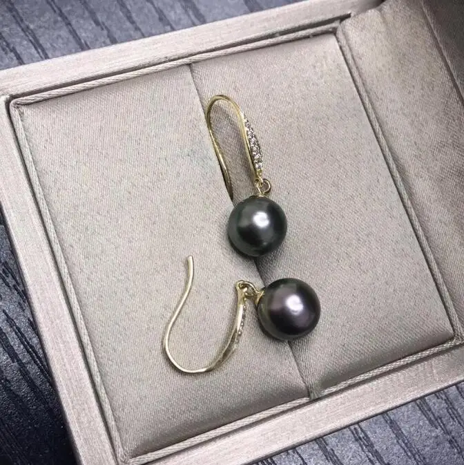 stunning pair of 9-10mm Tahitian round black green pearl dangle earring 18k free shipping