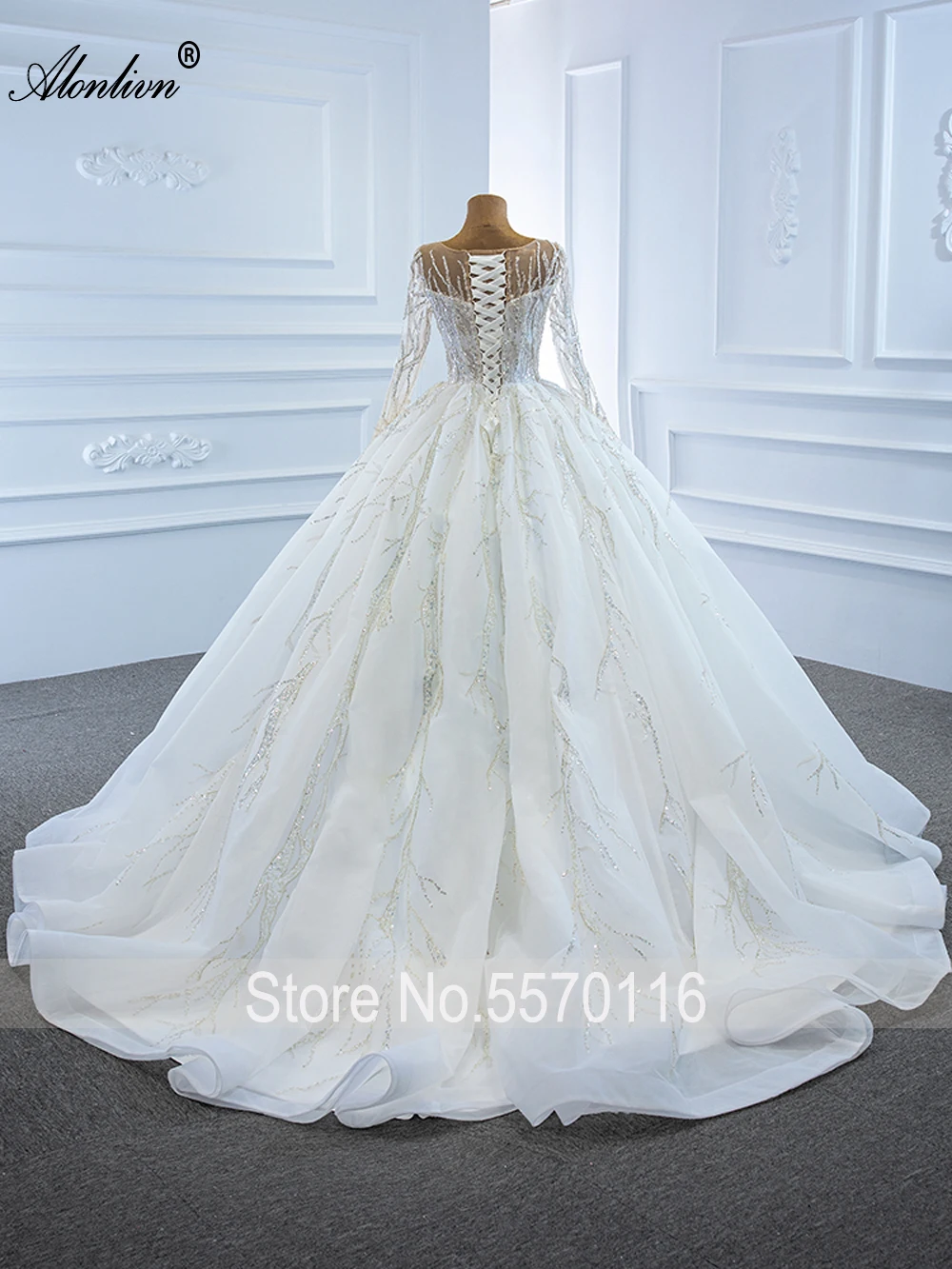 Alonlivn High-end Scoop Neckline Of Sequin lace Line Wedding Dress With Full Sleeve  Vestido de Noiva Court Train