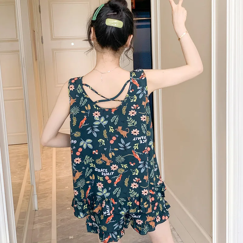 2023 Cheapest Summer New Style Ladies 100% Viscose Pajamas Two-piece Thin Large Size Vest+Shorts Print Home Service Sleepwear