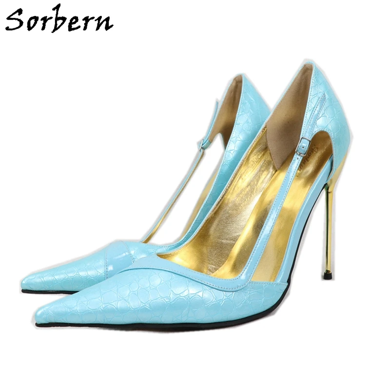 Sorbern Light Blue Women Pump Stilettos High Heel 14Cm Shoes Ladies Slip On Crocodile Pointy Toes 16Cm 18Cm Female Shoes Pumps