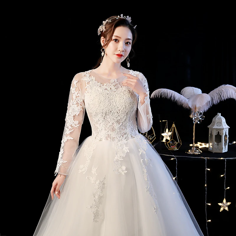 AnXin SH – robe de mariée princesse en dentelle, vintage, illusion de col rond, à manches longues, robe de bal de fête, à fleurs blanches