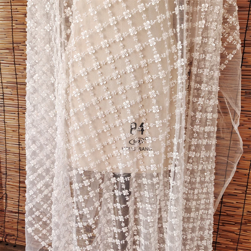 Sequins Beaded Mesh Fabric White Pearl Lace Fabric Grid Dress Wedding Dress DIY Lace