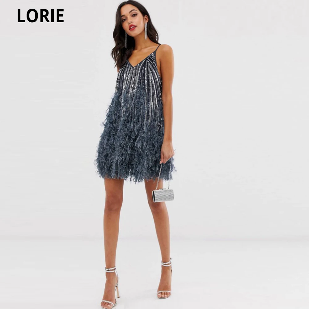 LORIE Formal Spaghetti Straps Evening Dress Short Evening Party Dress Feathers Robe de Soriee A Line Gethic Evening Dress 2021