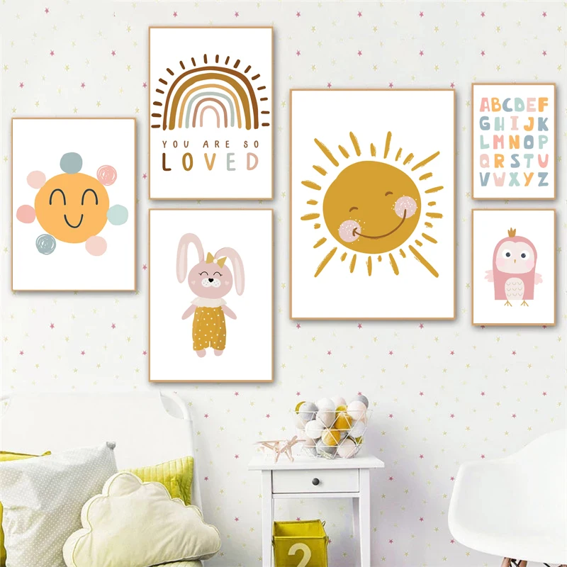 Colorful Alphabet Rainbow Sun Rabbit  Wall Art Canvas Painting Nordic Posters And Prints Wall Pictures For Baby Kids Room Decor