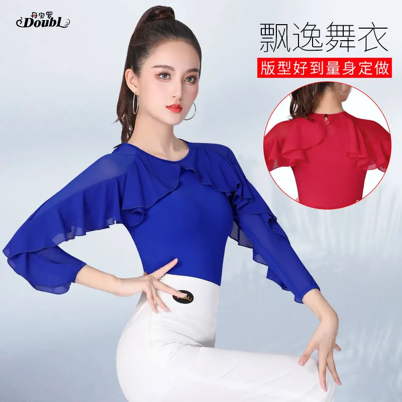 Doubl Mooie Dans Kleding Ijs Zijde Gaas Verstoorde Mouwen Rood Nationale Standaard Dans Kleding High-End Vrouwelijke Latin Top