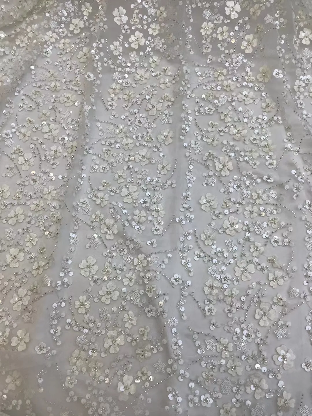 (5yards/pc) Beautiful 3D flowers French net lace ivory white African wedding tulle lace fabric with tube beads embroidery FAX026