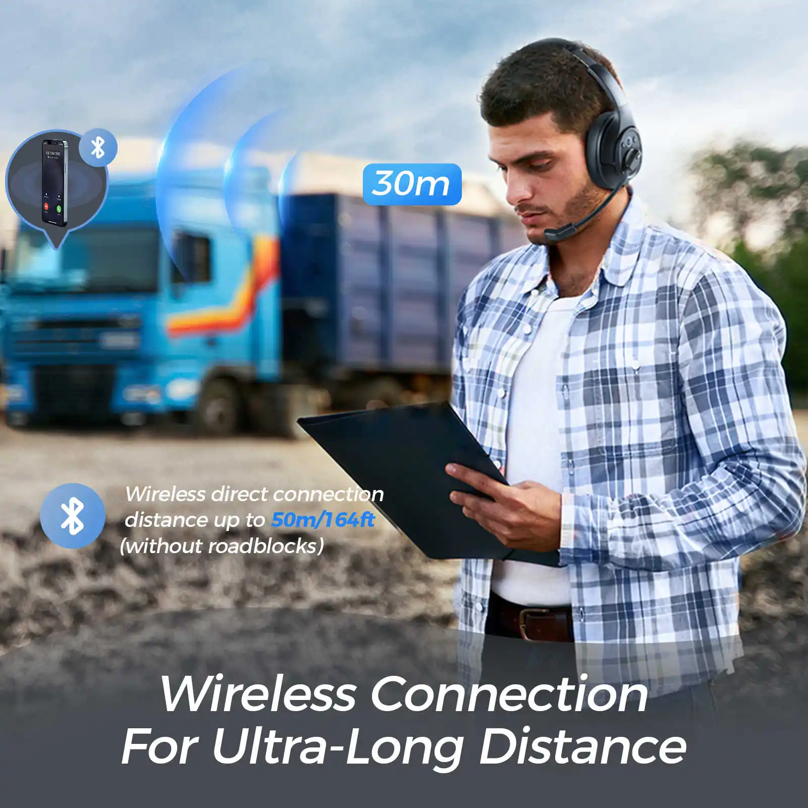 EKSA H1 Wireless Headset Bluetooth 5.0 Headphones With Mic ENC Call Noise Cancelling 30H Playtime For Driver Call Center Office