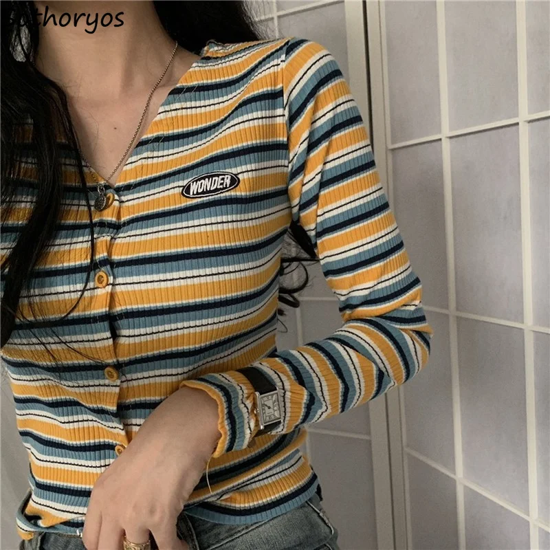 Skinny Classic Striped Long Sleeve T-shirts Women Knitted Outerwear Retro Autumn Ins Top Sweet V-neck Simple Daily Panelled Tees