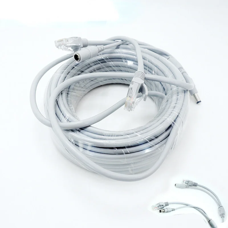 NEW Light Grey NC-15M RJ45+DC 12V Power Lan Cable Network Cables for CCTV Network IP Camera High Quality Cable CCTV Accessories