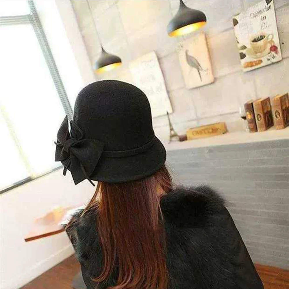 2019 New Elegant Flower Women Round Bowler Cap Imitation Wool Bowknot Fedoras Bucket Hat Vintage Brim Chapeu Feminino Gorra