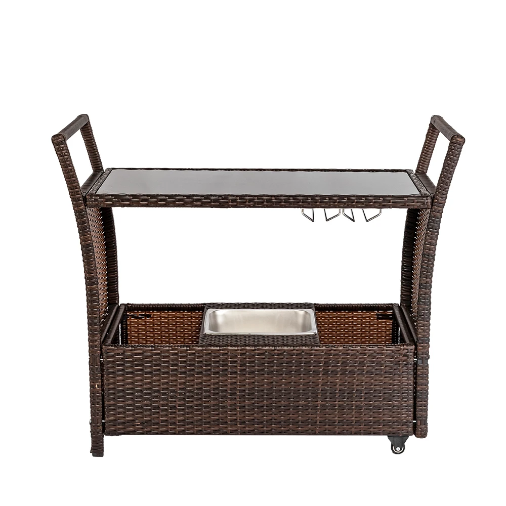 

Outdoor Patio Wicker Rattan Serving Bar Cart with Ice Bucket Wine Rack Brown Garden Chair Outdoor Furniture Steel Wicker Modern