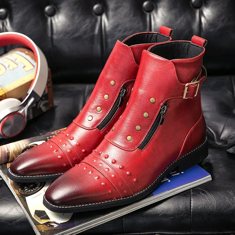 

British Style Luxury Men Dress Boots Autumn Fashion Zip Designer Motorcycle Boot For Male High Top Red Leather Cowboys Boots Men