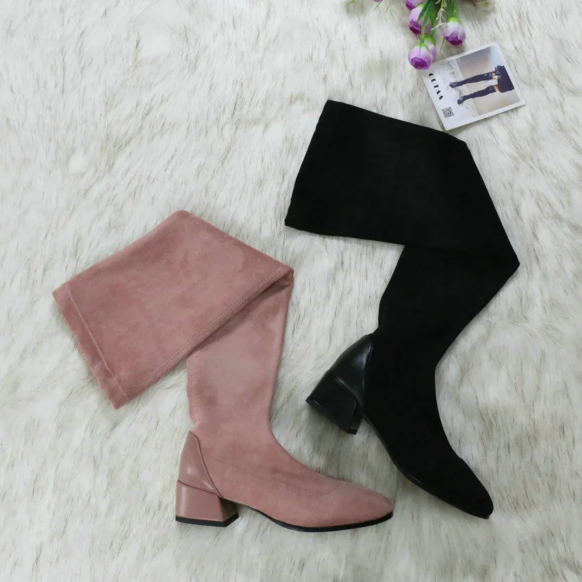 QUTAA 2021 Women Over The Knee Boots Autumn Winter Square Toe Women Shoes Stretch Flock PU Square Heel Long Boots Size 34-43