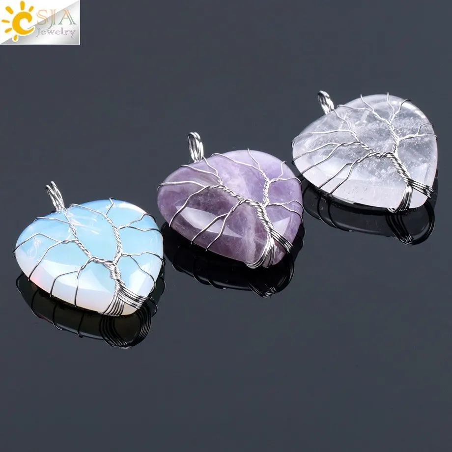 CSJA Tree of Life Wire Wrapped Love Heart Necklace & Pendant Suspension Natural Gem Stone Pendant Tiger Eye Pink Quartz F053