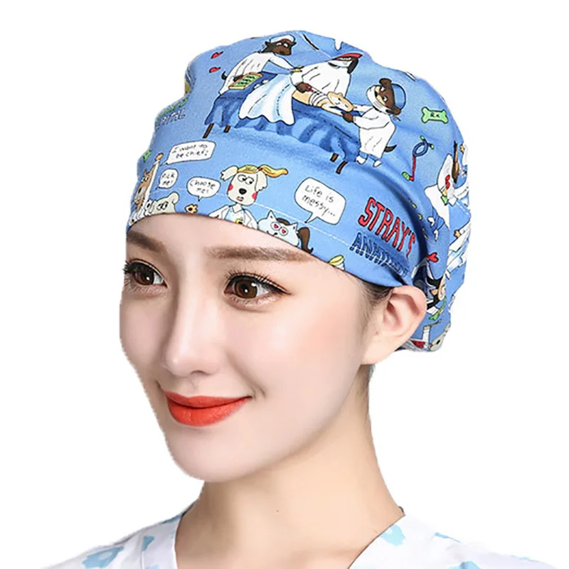 Reuseable Scrub Caps Adjustable Sweatband Hats Cartoon Flower Printed Cotton Workwear Washable Bandage Hats Sombrero Head Cover