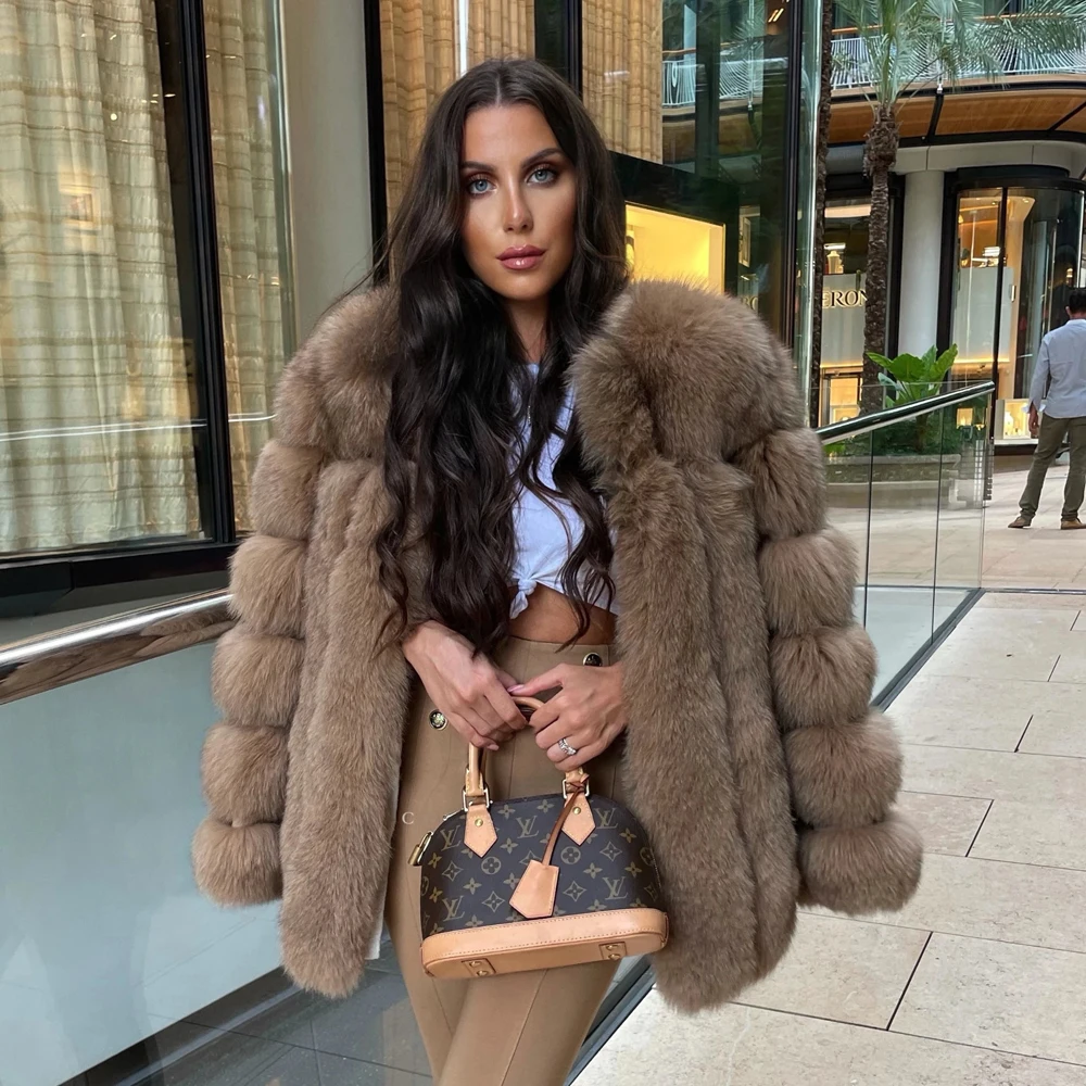 เสื้อแจ็คเก็ตขนสุนัขจิ้งจอกสีกากีสำหรับผู้หญิง คอทรงโอ ความยาวปานกลาง ของแท้ เสื้อคลุมกันหนาวสำหรับฤดูหนาว เสื้อโค้ทขนสัตว์ใหม่สำหรับอากาศหนาว