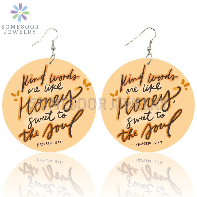 SOMESOOR impreso inspirar refranes cristianos pendientes de gota de madera amor Jesús Dios bendito diseño oreja cuelga joyería para mujeres regalos