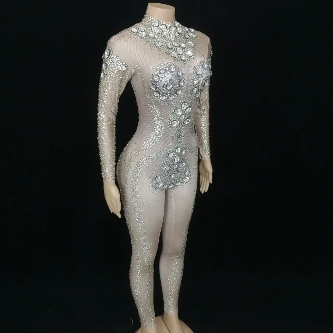 Luxus Strass Elastische Dünne Overall Frauen Geburtstag Prom Feier Party Kristalle Nachtclub Strampler Sänger Bühne Tragen
