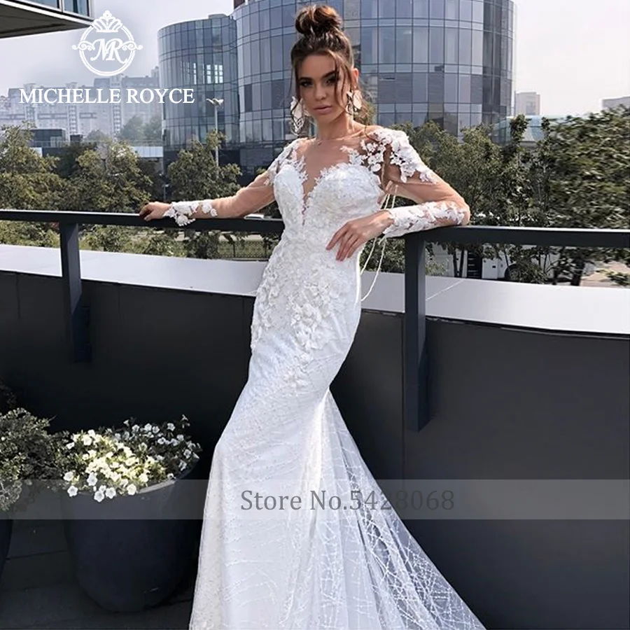 Michelle Royce Scoop ชุดเดรสเมอร์เมดเซ็กซี่ภาพลวงตา Appliques ประดับด้วยลูกปัด Backless Chapel Train ชุดแต่งงาน Vestido De Novia