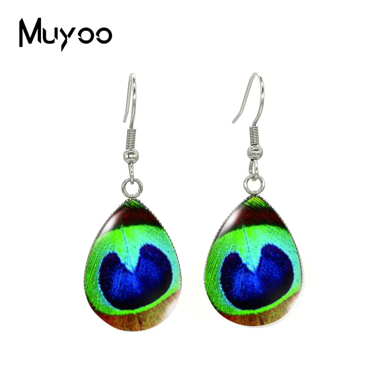 2021 New Peacock Feather Tear drop Earring Art Printed Fish hook Earrings Glass Cabochon Jewelry Handmade Items