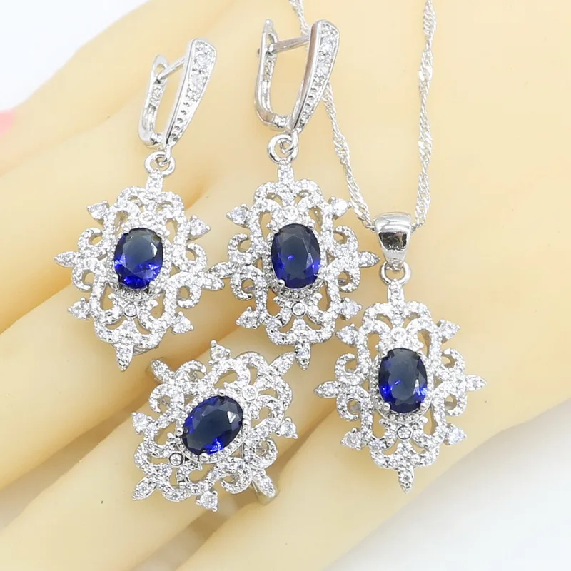 Silver 925 Bridal Jewelry Sets for Women Blue Crystal Bracelet Earrings Necklace Pendant Ring Wedding Gift Box