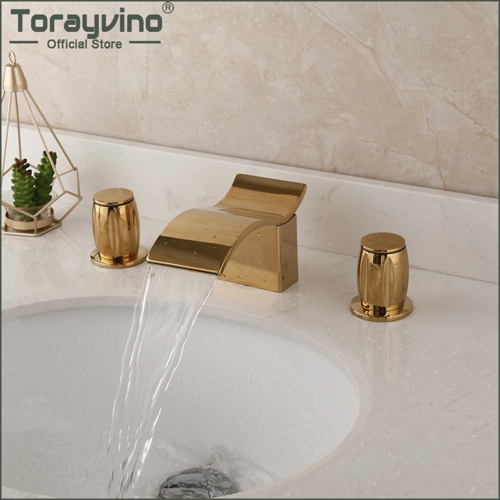 

Torayvino Gold Plated 3 Pcs Bathroom Bathtub Faucet Basin Sink Deck Mounted Dual Handles Faucets Hot And Cold Mixer Water Tap