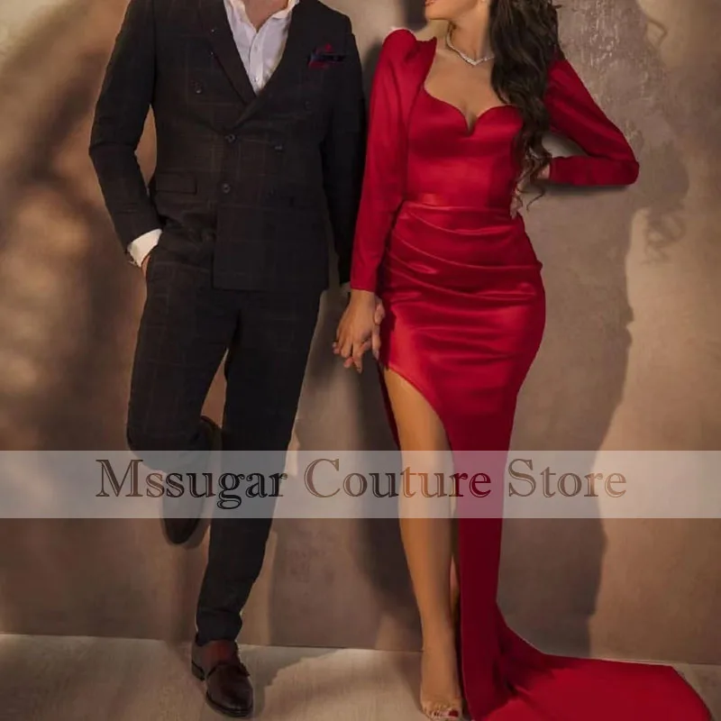 

Simple Red Mermaid Prom Dresses Longsleeves Sweetheart Pleat Evening Dress Robes De Soirée 2021